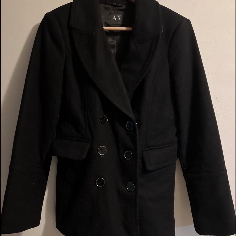 Armani Exchange AX Womens Black Double Breasted Peacoat Size Medium Wool Blend
